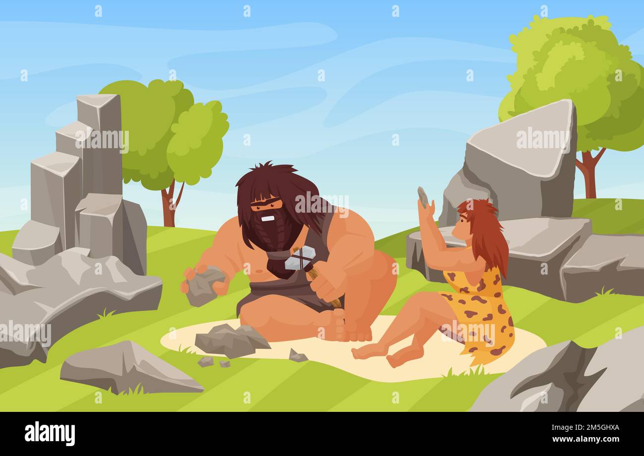 Età preistorica della pietra e la gente primitiva della coppia lavora l'illustrazione del vettore. Cartoon neanderthal uomo donna personaggi seduta, caveman tenendo martello Illustrazione Vettoriale