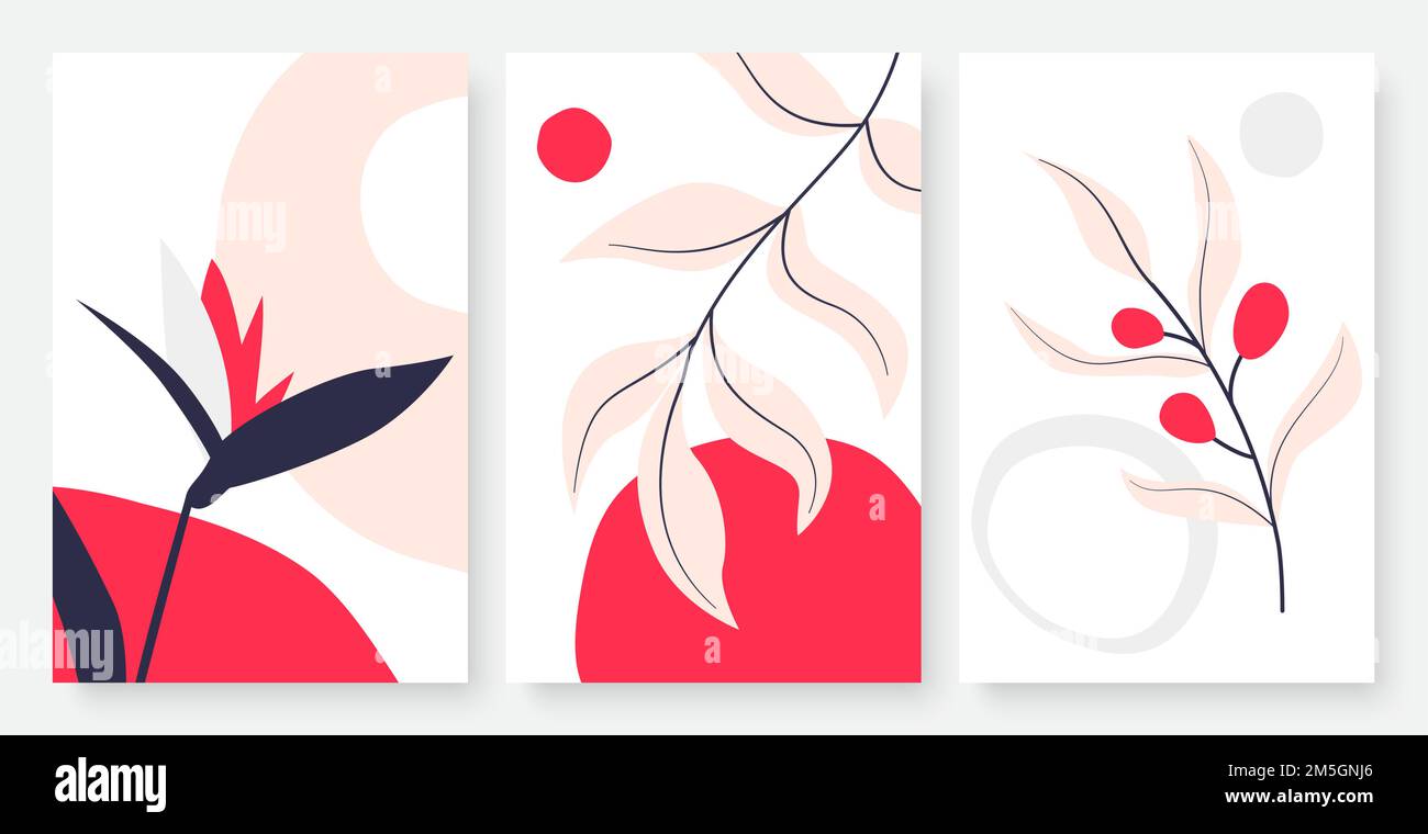 Foglie tropicali, linea astratta minima disegno parete arte vettore illustrazione set. Foglia semplice, sole, modello di social media, poster Illustrazione Vettoriale