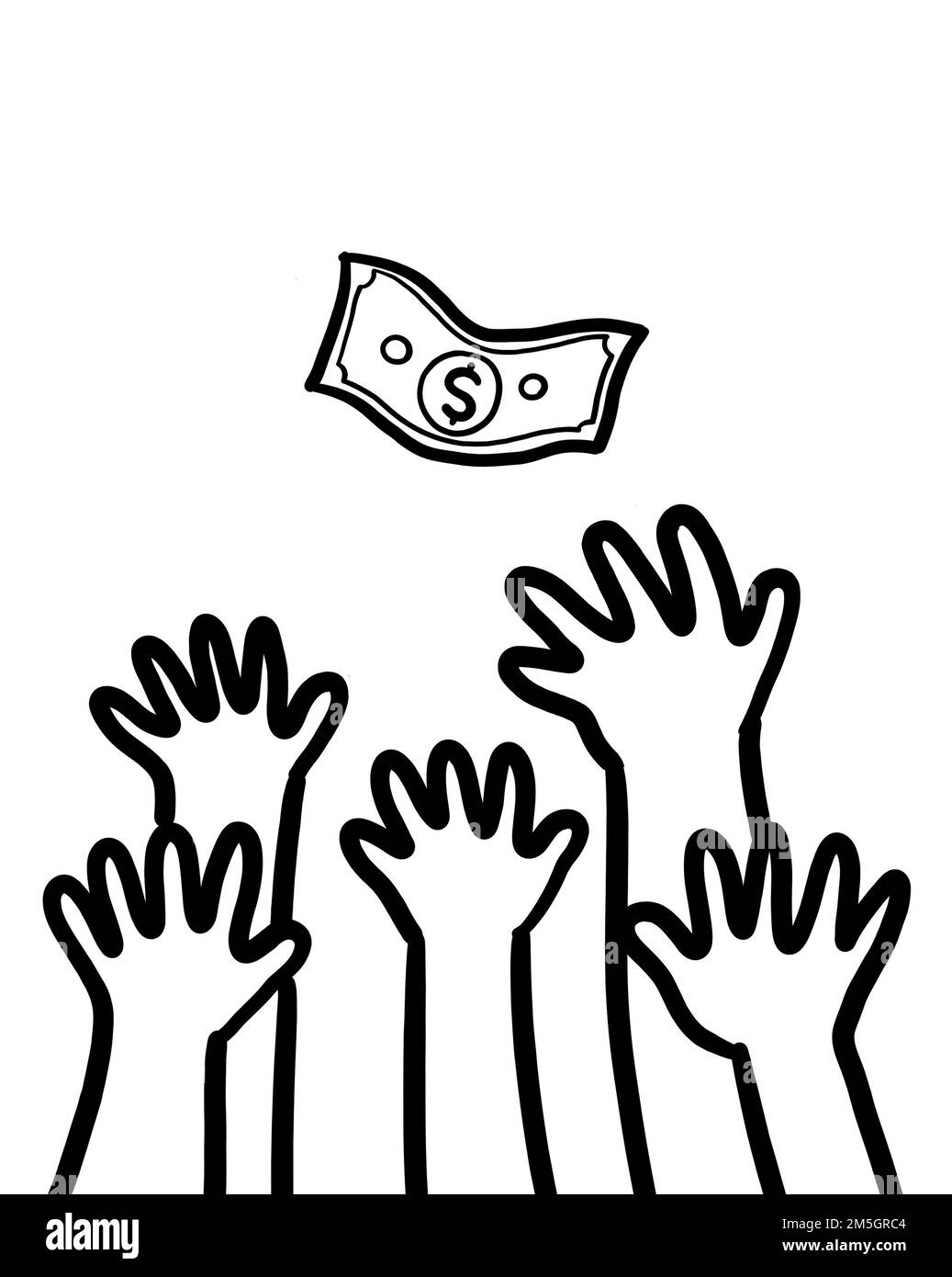 Un gruppo di mani di gente che raggiungono su un dollaro soldi. Successo opportunità di libertà finanziaria nella società. Foto Stock