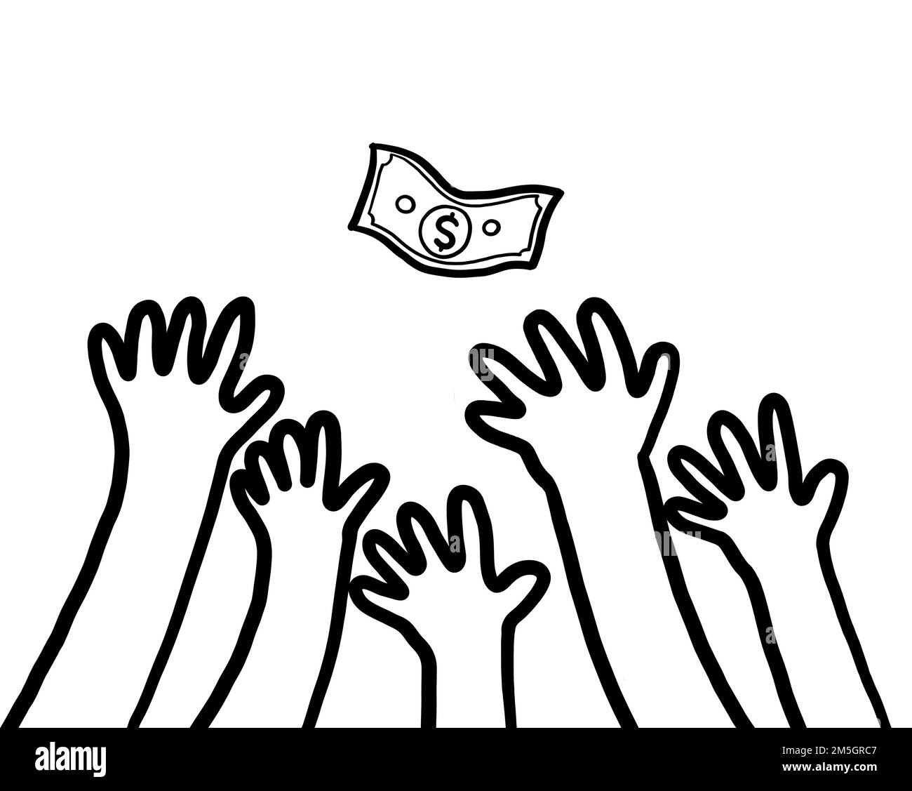 Un gruppo di mani di gente che raggiungono su un dollaro soldi. Successo opportunità di libertà finanziaria nella società. Foto Stock