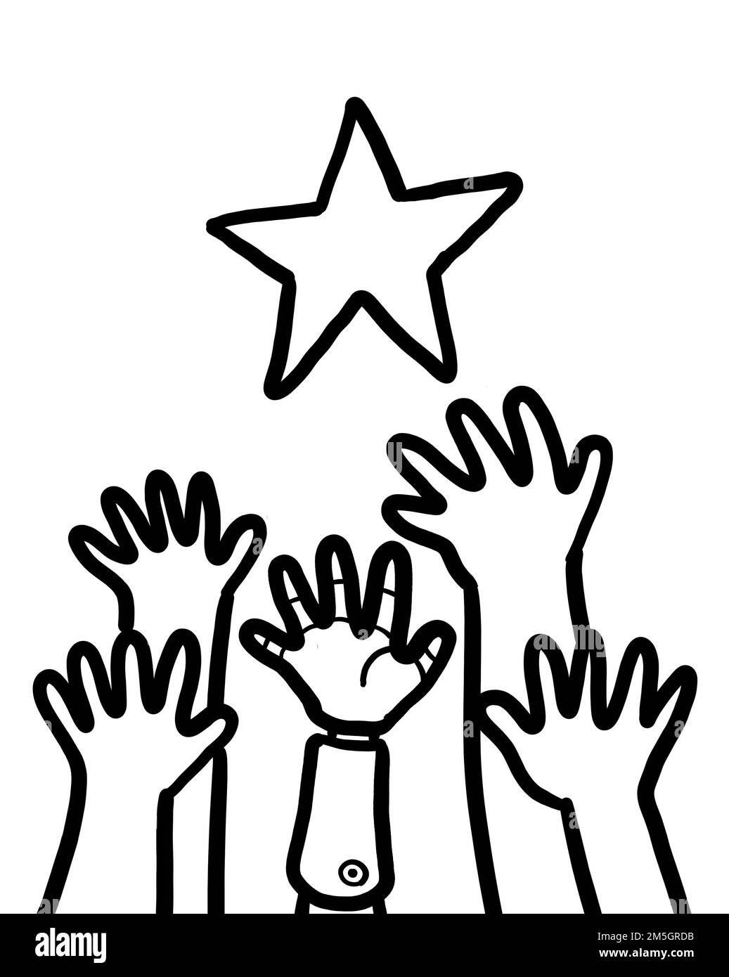 Un gruppo di mani, inclusa la persona con disabilità che raggiunge la stella. Concetto di successo di motivazione. Illustrazione disegno con contorno nero, iso Foto Stock