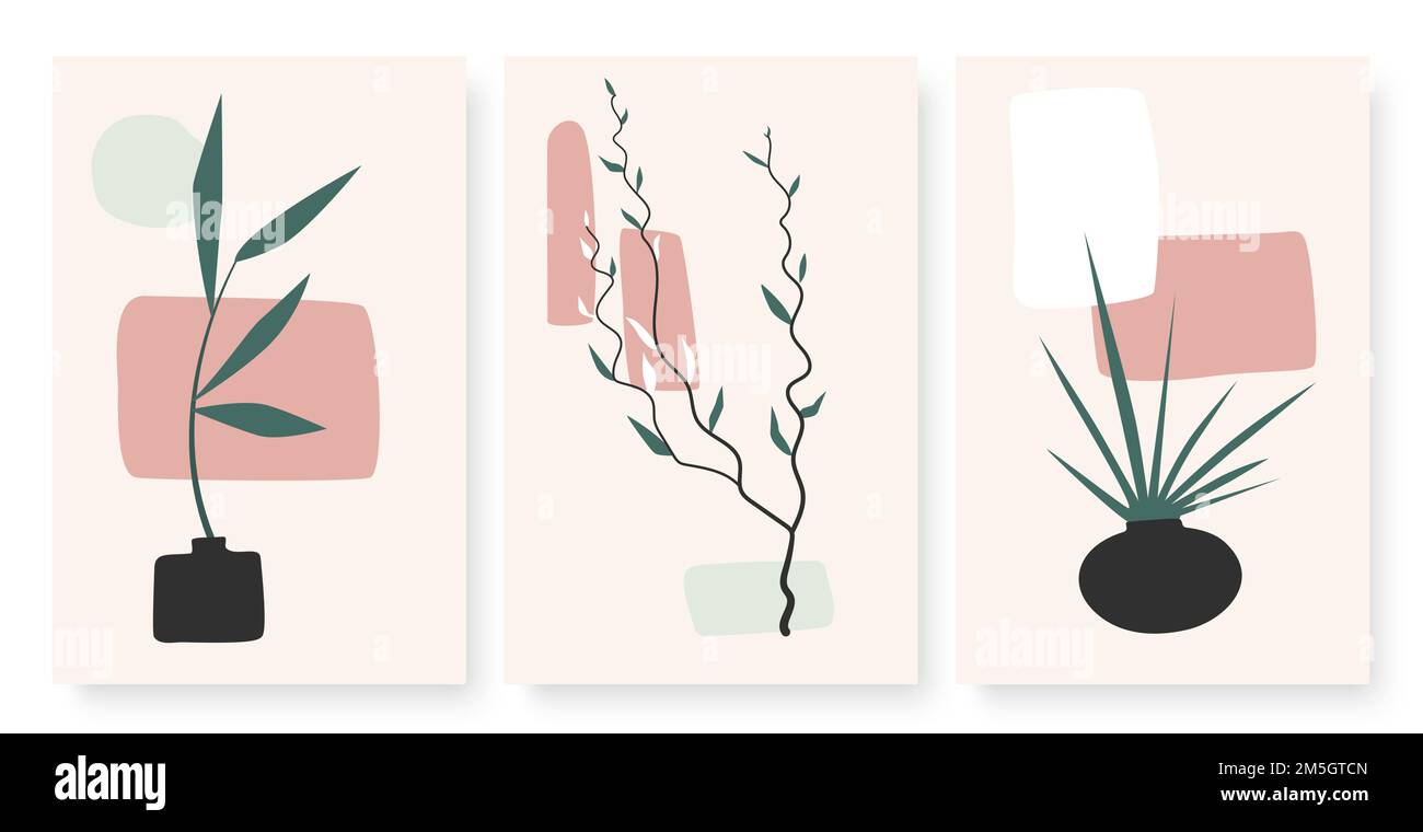 Forme geometriche astratte, vasi con ramo vegetale e set di illustrazione vettoriale delle foglie. Minimal boho foglia arredamento moderno estetica parete, wallp minimalista Illustrazione Vettoriale