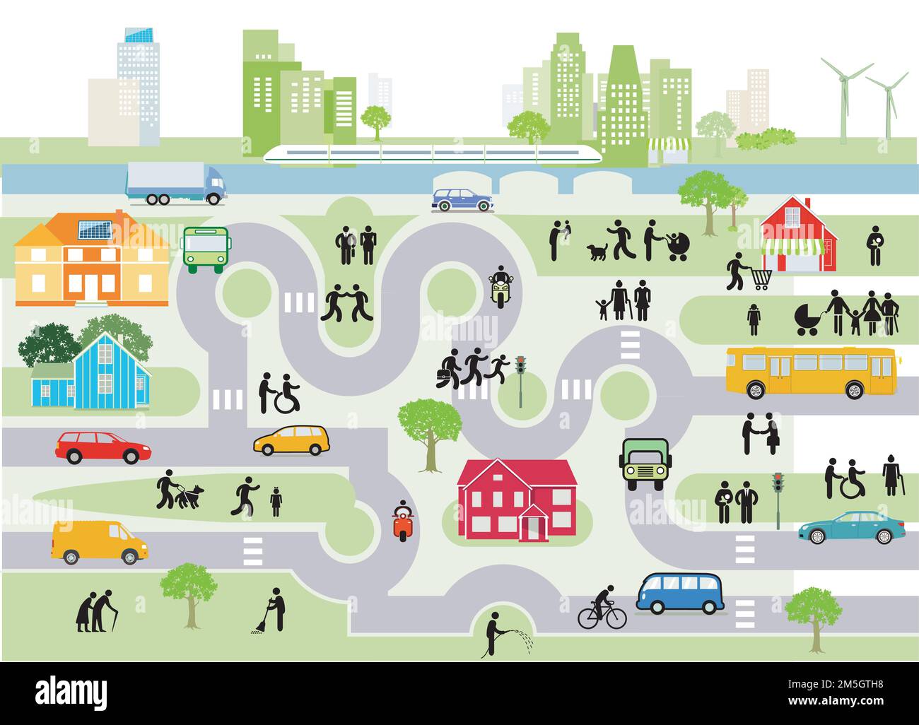 Panoramica della città e del paese con traffico e case con energia alternativa, illustrazione delle informazioni Illustrazione Vettoriale