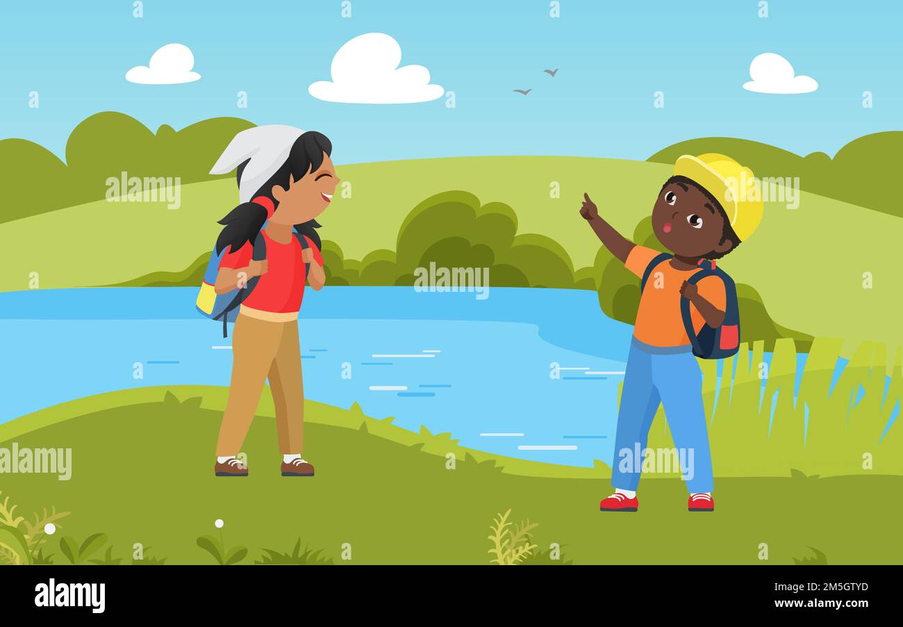 Escursione per bambini in natura paesaggio estivo, scout per bambini in trekking avventura illustrazione vettoriale. Cartoon ragazzo ragazza bambino hiker personaggi con zaini Illustrazione Vettoriale