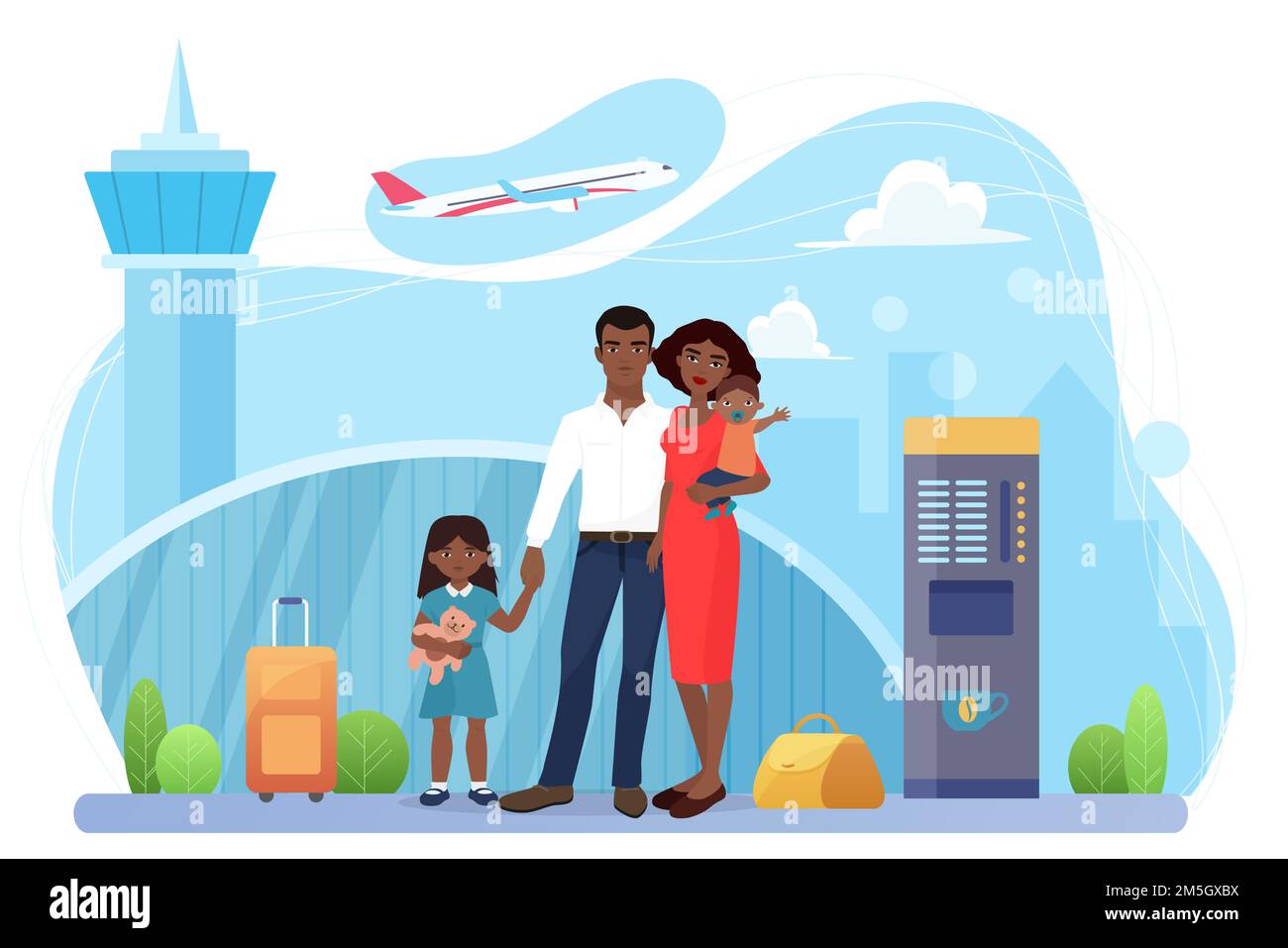 Viaggi in famiglia, illustrazione del vettore di trasporto aereo. Cartone animato passeggero madre padre e bambini personaggi in piedi insieme in aeroporto Illustrazione Vettoriale