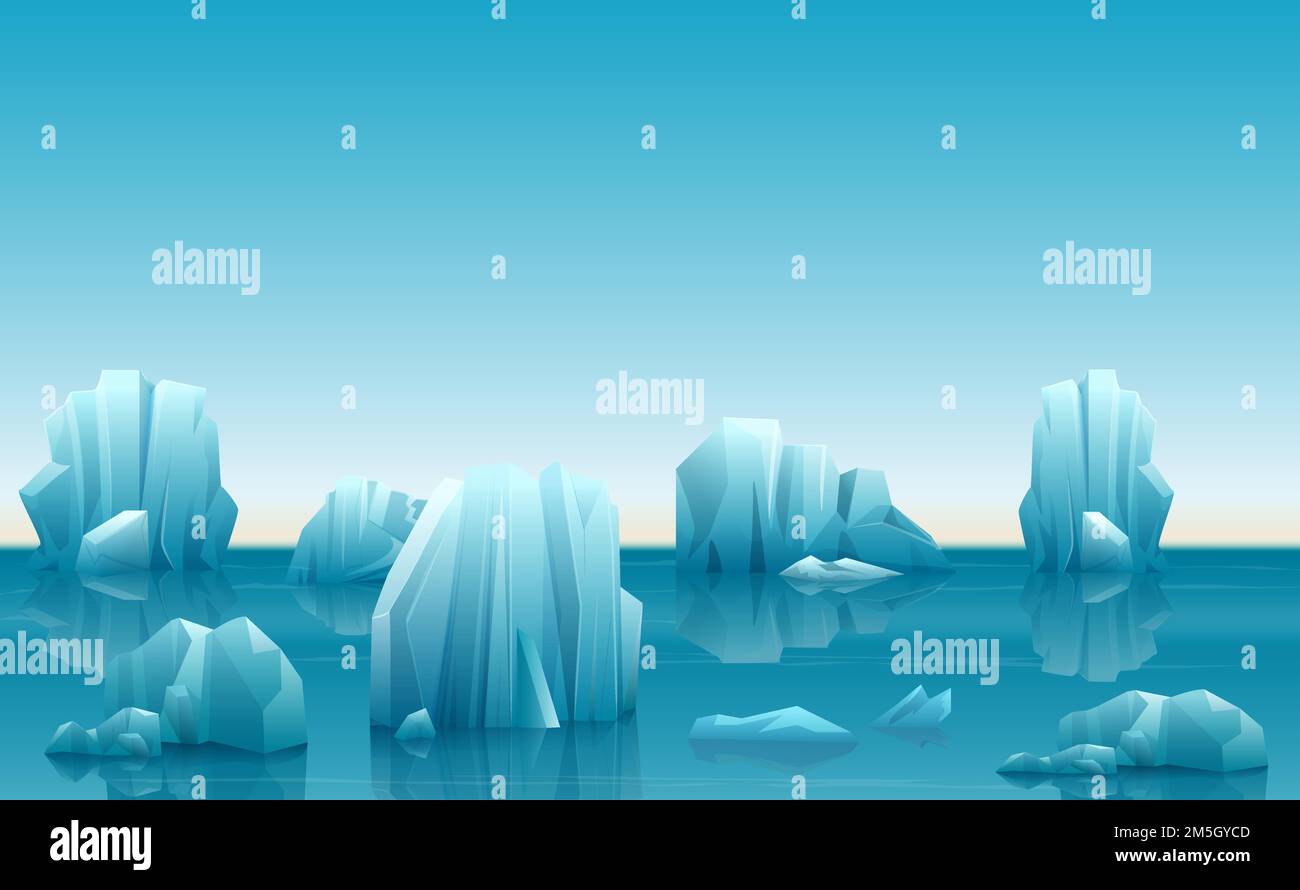 Illustrazione vettoriale del paesaggio artico invernale con molti iceberg e montagne innevate Illustrazione Vettoriale