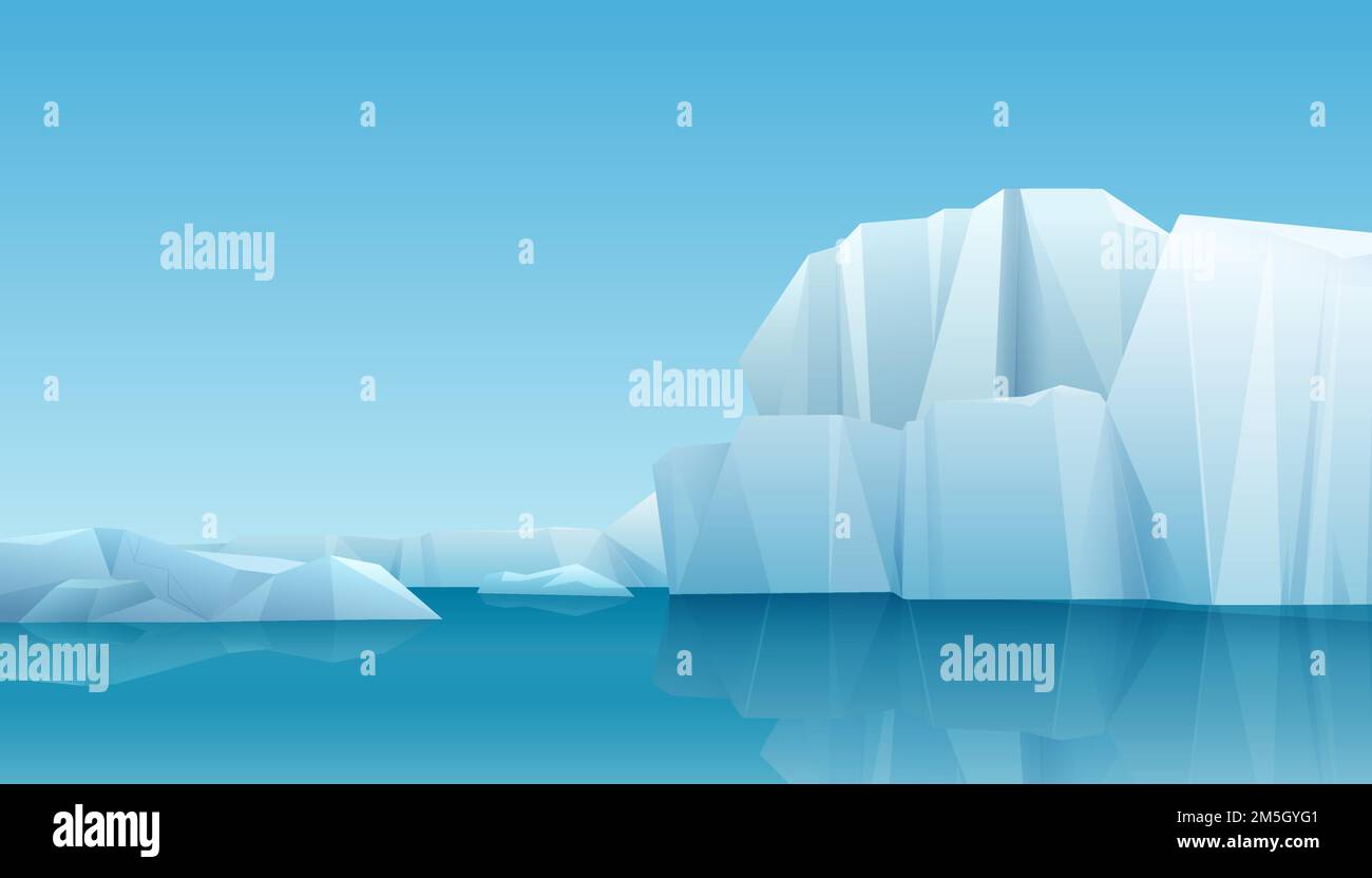 Paesaggio panoramico invernale artico con iceberg e montagne di ghiaccio. Clima freddo inverno vettore sfondo Illustrazione Vettoriale