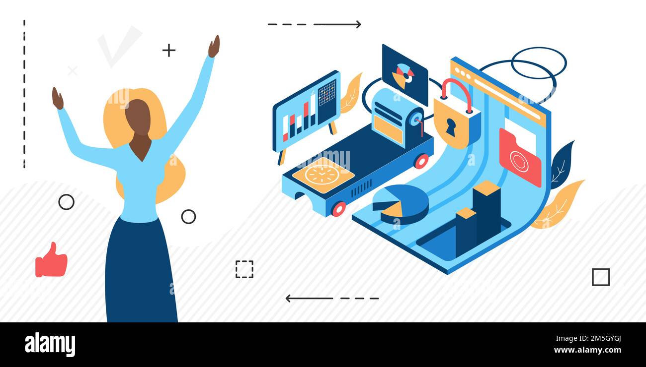 Protezione dei dati delle imprese, tecnologie per la protezione delle informazioni interne. Sicurezza del server aziendale, immagine vettoriale isometrica. Illustrazione Vettoriale