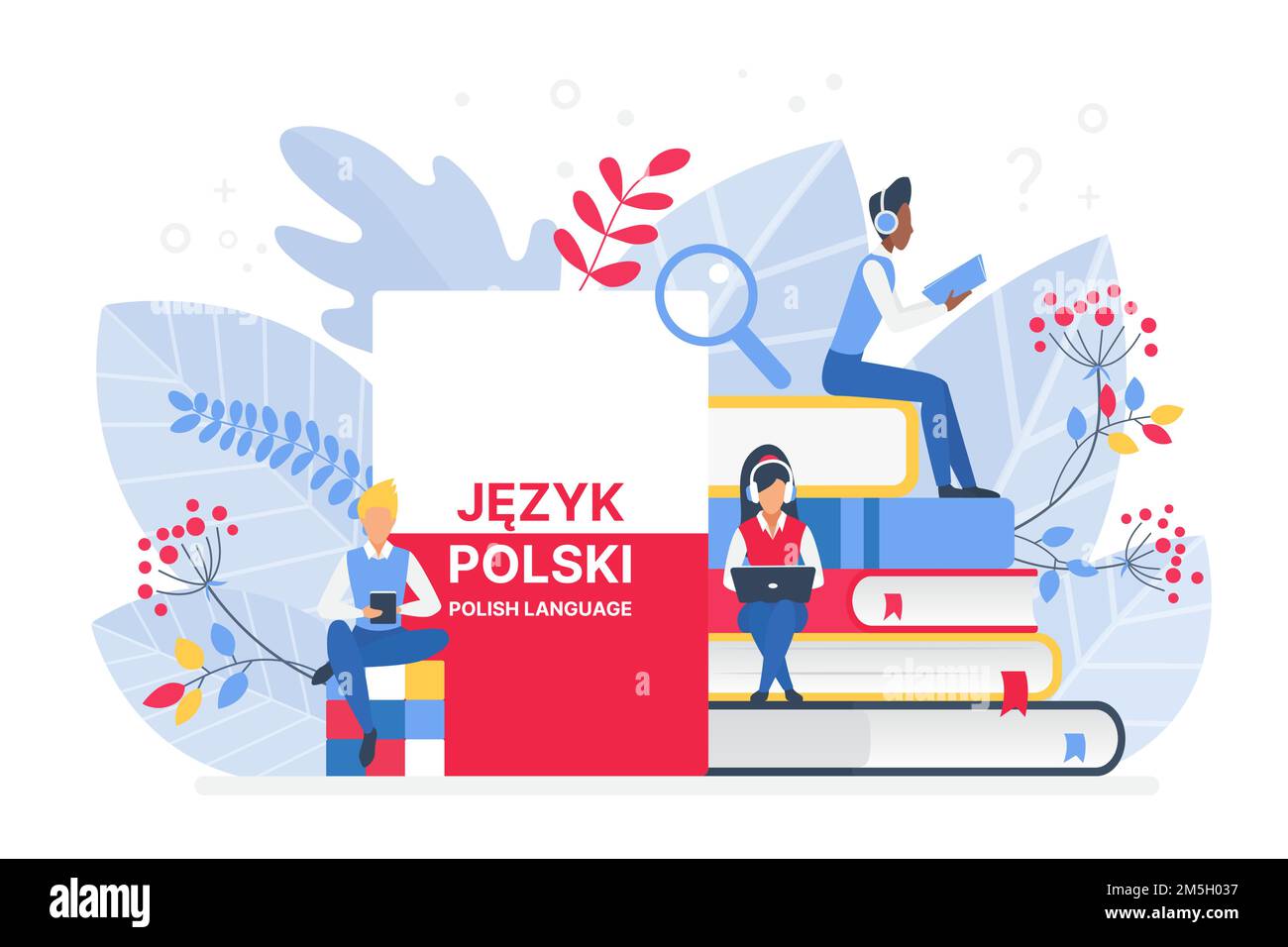 Persone che imparano l'illustrazione vettoriale della lingua polacca. Polonia formazione a distanza, concetto di corsi di formazione online. Studenti che leggono libri cartoni animati Illustrazione Vettoriale