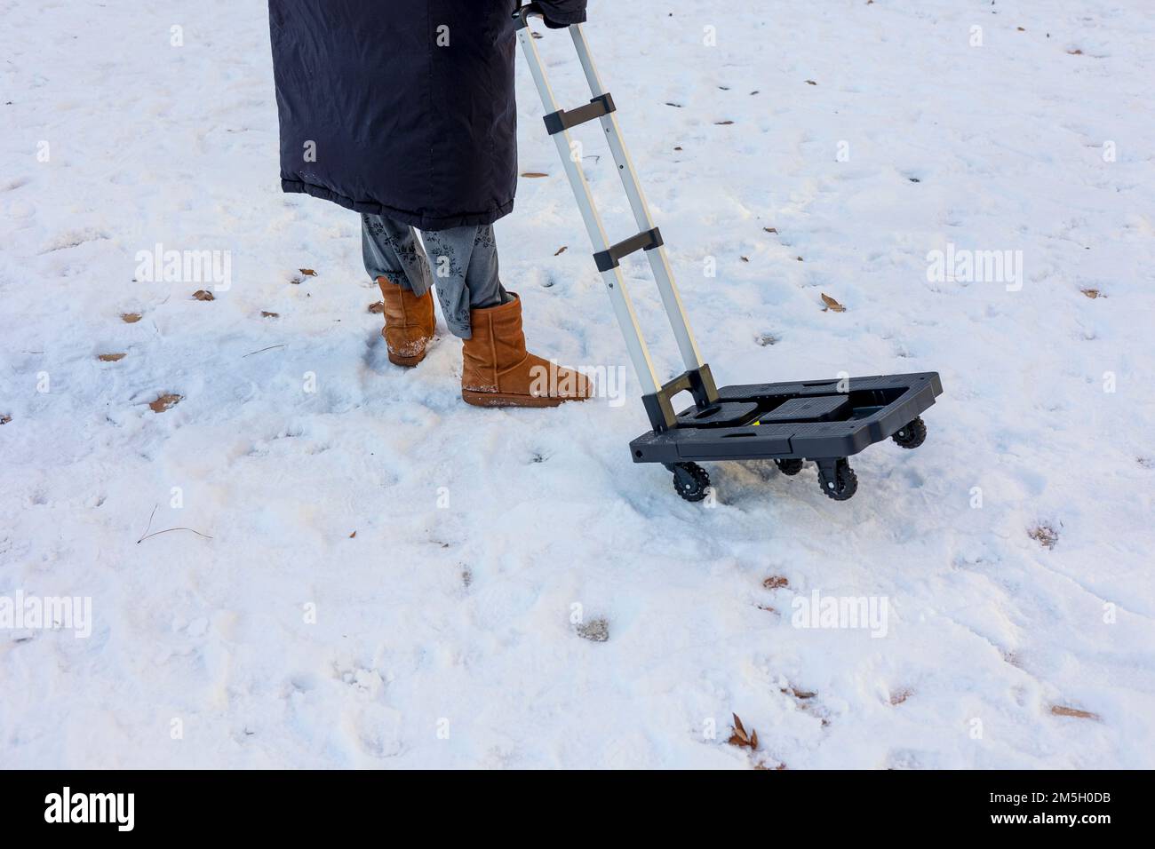 Donna sta trascinando un carrello sulla neve Foto Stock