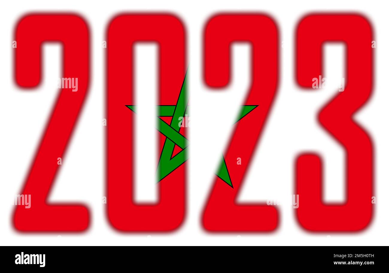 2023, isolato su bianco - con la bandiera del Marocco Foto Stock