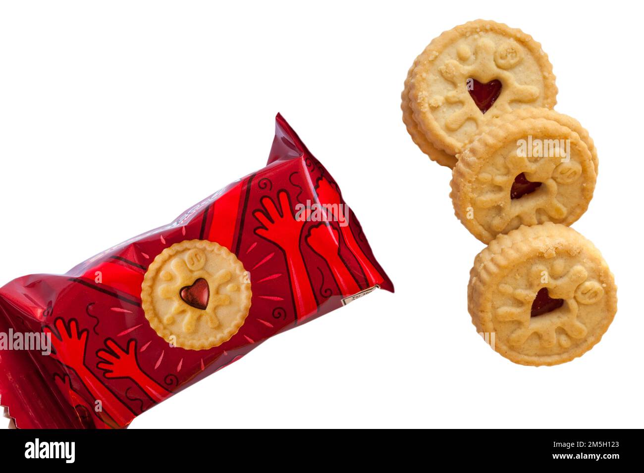 Jammie Dodgers minis snack al sapore di lampone che mostra il contenuto impostato su sfondo bianco - biscotto biscotti cookie cookie Foto Stock