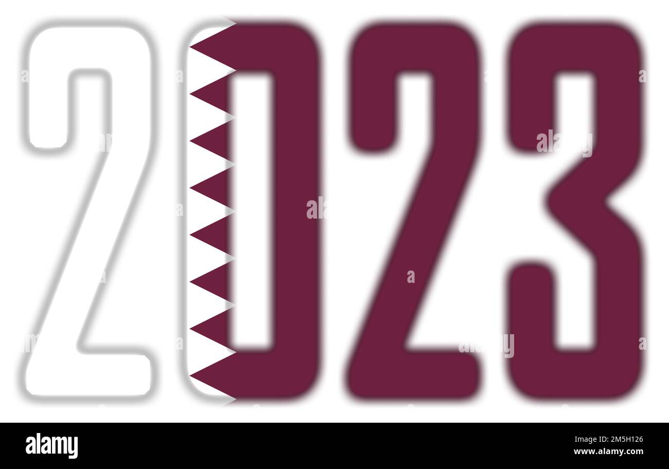 2023, isolato su bianco - con la bandiera del Qatar Foto Stock