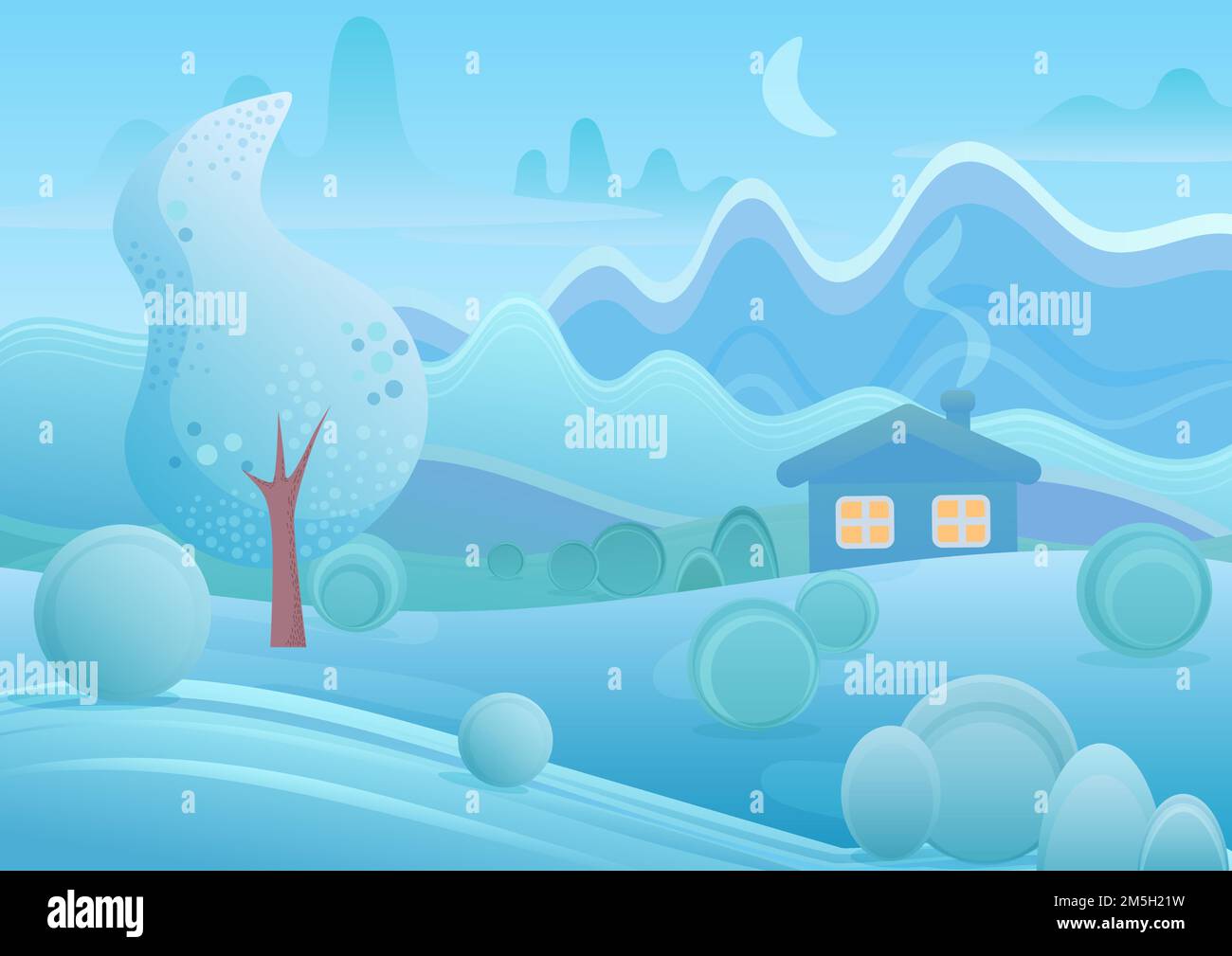 Casa di cartone animato invernale con fumo da camino in fantasia montagne paesaggio illustrazione vettoriale Illustrazione Vettoriale