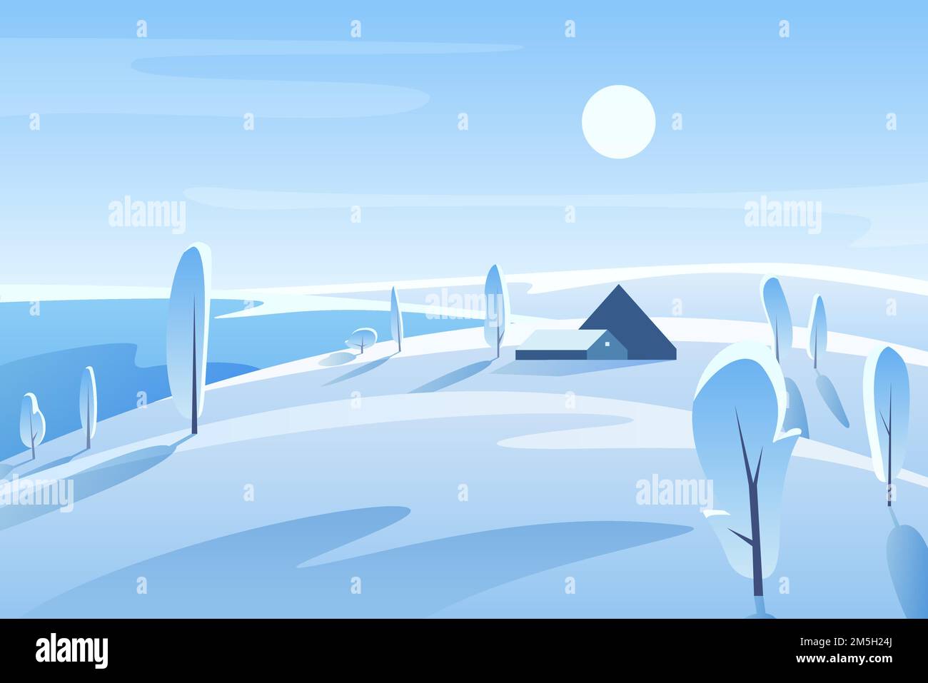 Inverno pittoresco paesaggio illustrazione vettoriale. Casa su collina nevosa in giorno di sole. Area rurale. Campagna in inverno. Vista sulla natura gelida con tre Illustrazione Vettoriale