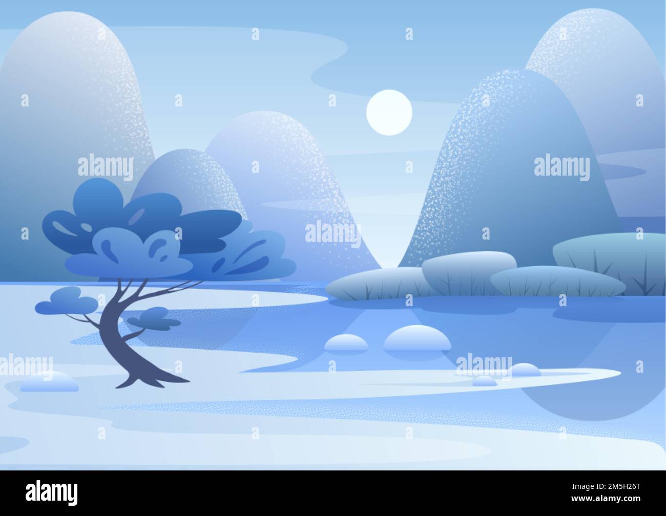 Illustrazione vettoriale piatta del paesaggio di montagna blu. Inverno natura in giorno di sole. Albero sul lungofiume nevoso. Vista panoramica. Sfondo stagionale. Piante surgelate Illustrazione Vettoriale