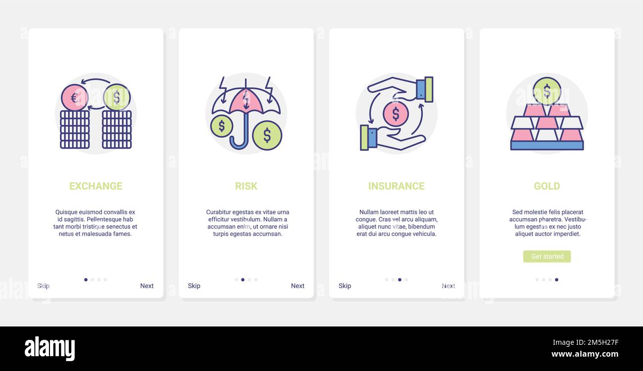 Illustrazione del vettore di assicurazione di finanza della banca. UX, UI onboarding pagina app mobile impostata con linea di sicurezza finanziaria, protezione contro il rischio in bankin Illustrazione Vettoriale