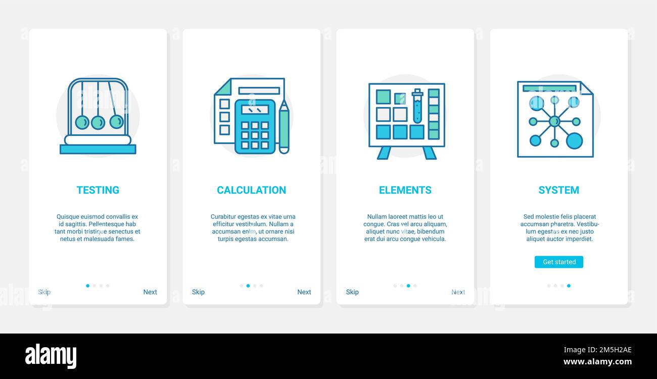 Illustrazione vettoriale del piano di laboratorio scientifico. UX, UI onboarding pagina app mobile impostata con preparazione calcolo linea e sistema di test Illustrazione Vettoriale