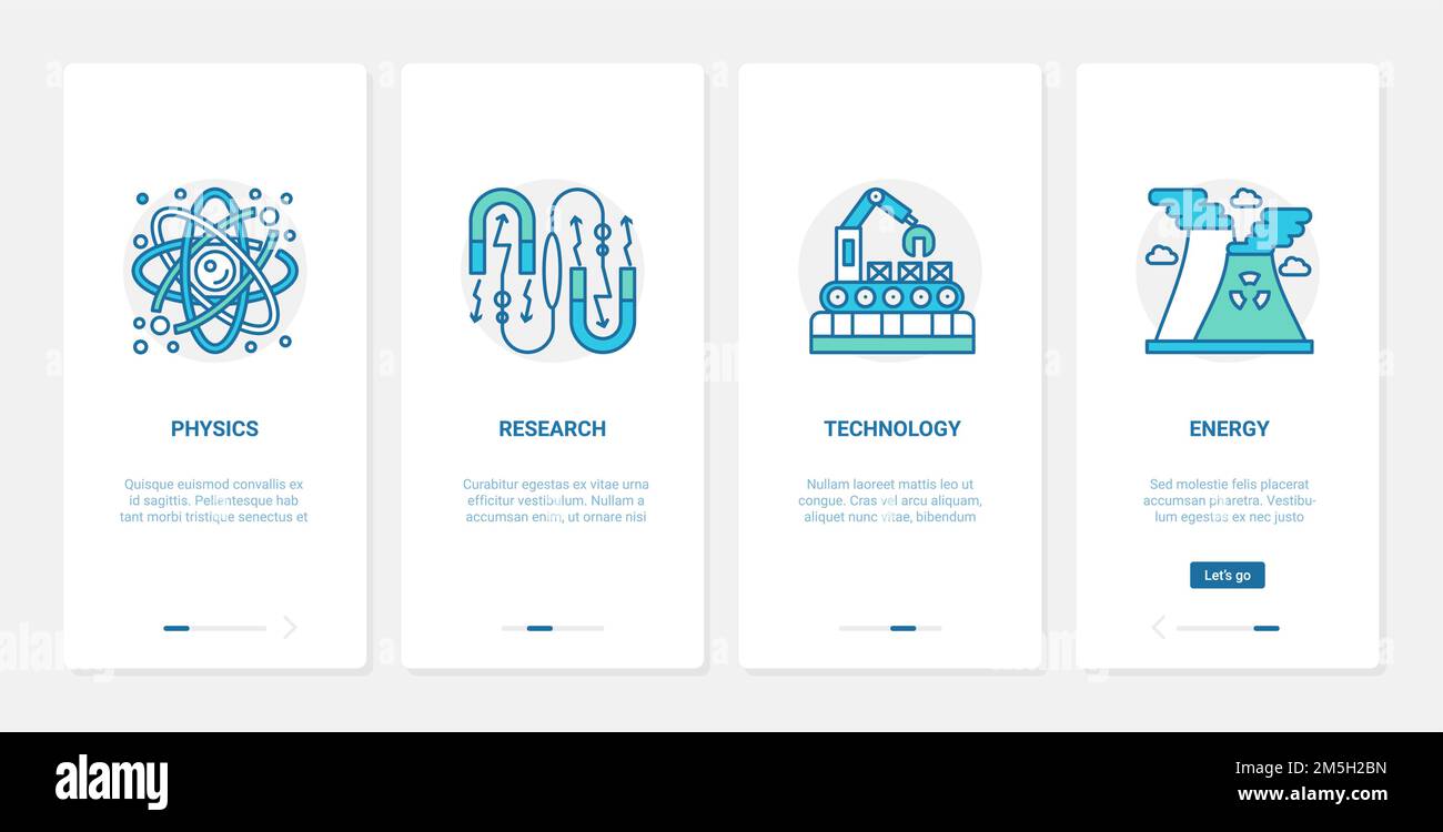 Scienza fisica illustrazione vettoriale di ricerca. UX, UI onboarding mobile app set di schermate con line Scientific Atom sviluppi ed esperimenti, mac Illustrazione Vettoriale