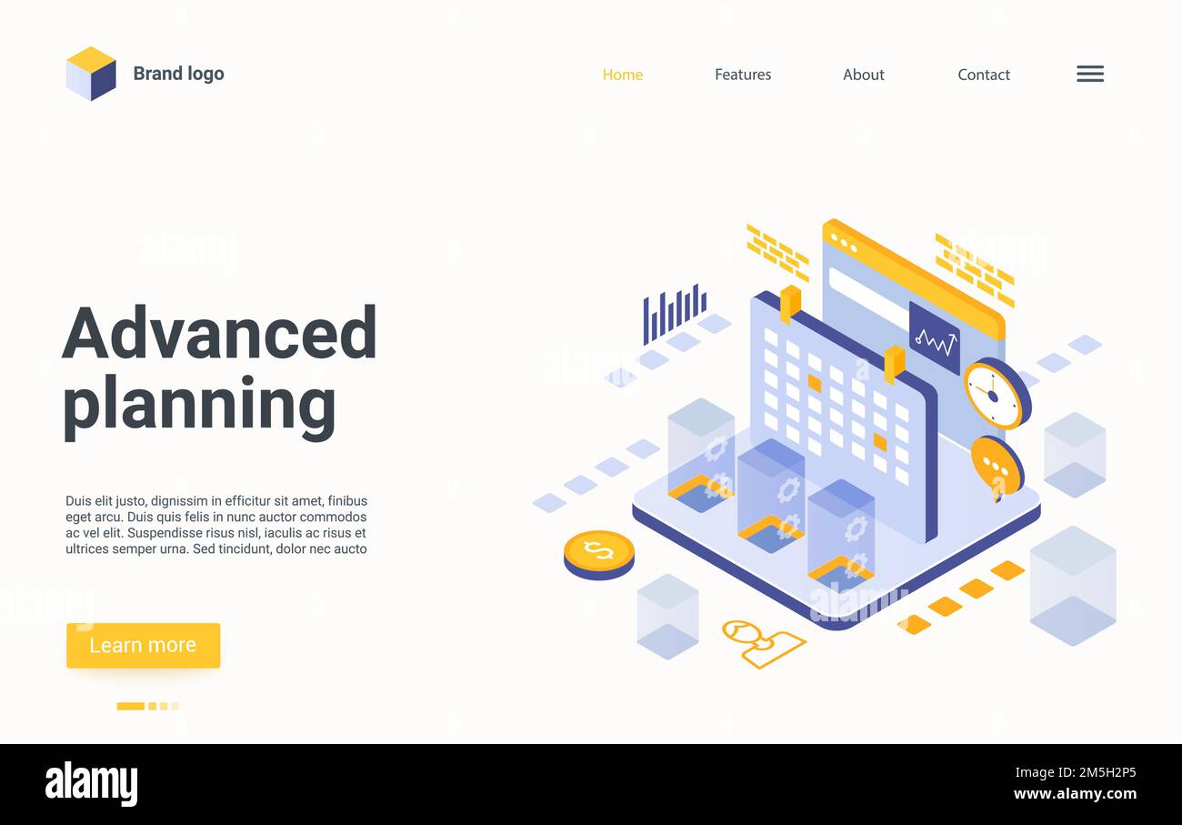 Modello vettoriale della landing page isometrica di pianificazione avanzata. Layout del sito web di gestione del tempo. Pianificazione automatizzata del concetto di pagina Web 3D. Flusso di lavoro o. Illustrazione Vettoriale