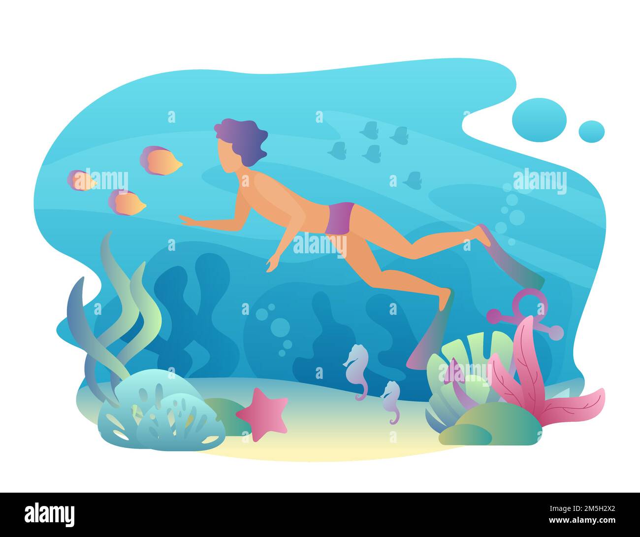L'uomo che fa snorkeling nuota sott'acqua. Sport estivo. Illustrazione del vettore subacqueo maschile Illustrazione Vettoriale