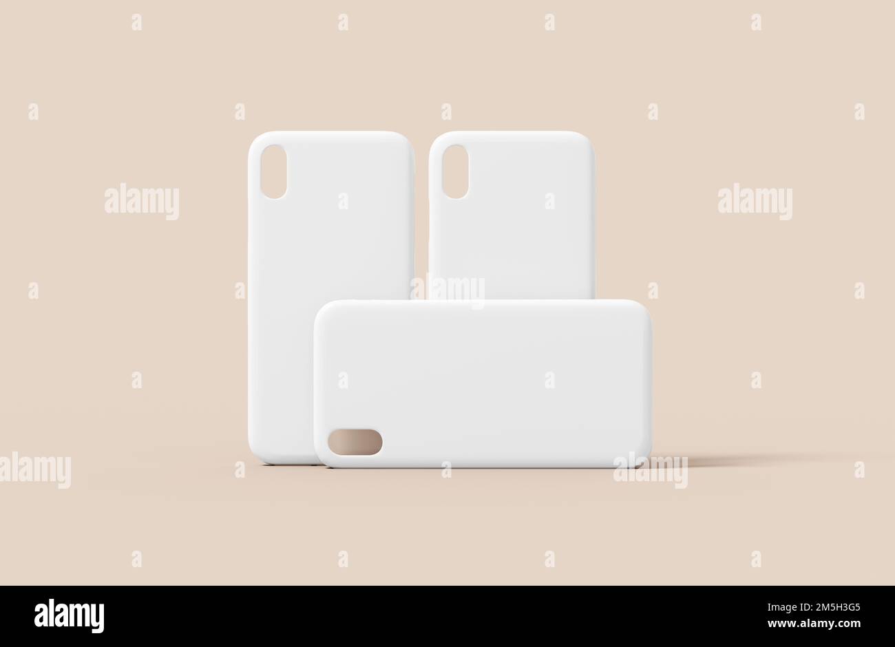 Tre modelli di custodia per smartphone, modello di copertina vuoto isolato su uno sfondo di colore neutro con rendering 3D. Protezione in plastica bianca per il marchio Foto Stock