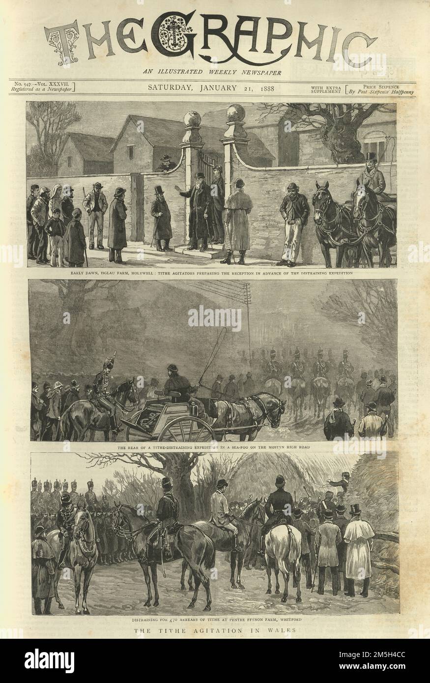 Illustrazione vintage del Tith agitazione in Galles, 1888, 19th ° secolo. Gli agricoltori protestano contro le decime Foto Stock