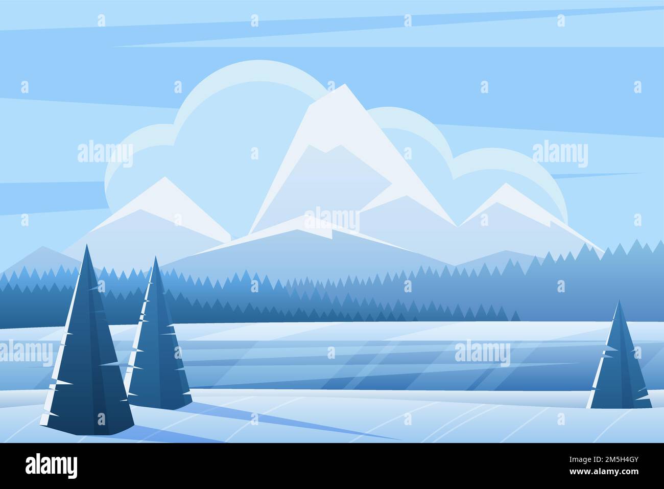 Illustrazione vettoriale piatta paesaggio invernale blu. Boschi di abete rosso e montagne. Vista sulla natura innevata in una giornata ghiacciata. Legno in inverno. Scena all'aperto gelida Illustrazione Vettoriale