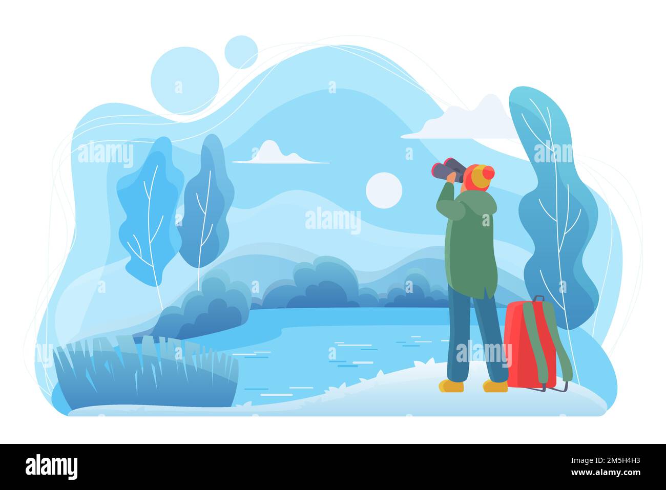 Uomo viaggiatore con binocolo illustrazione vettoriale piatta. Personaggio fumetto amante della natura. Uomo che guarda il paesaggio in freddo giorno d'inverno. Fauna selvatica osservati Illustrazione Vettoriale