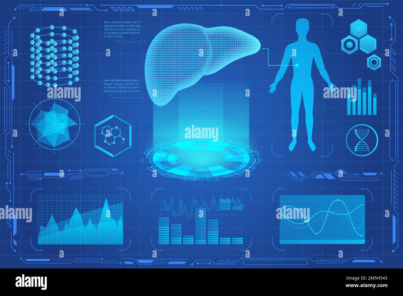 Fegato umano futuristico ologramma medico interfaccia di realtà virziale. Diagrammi infografiche Illustrazione Vettoriale