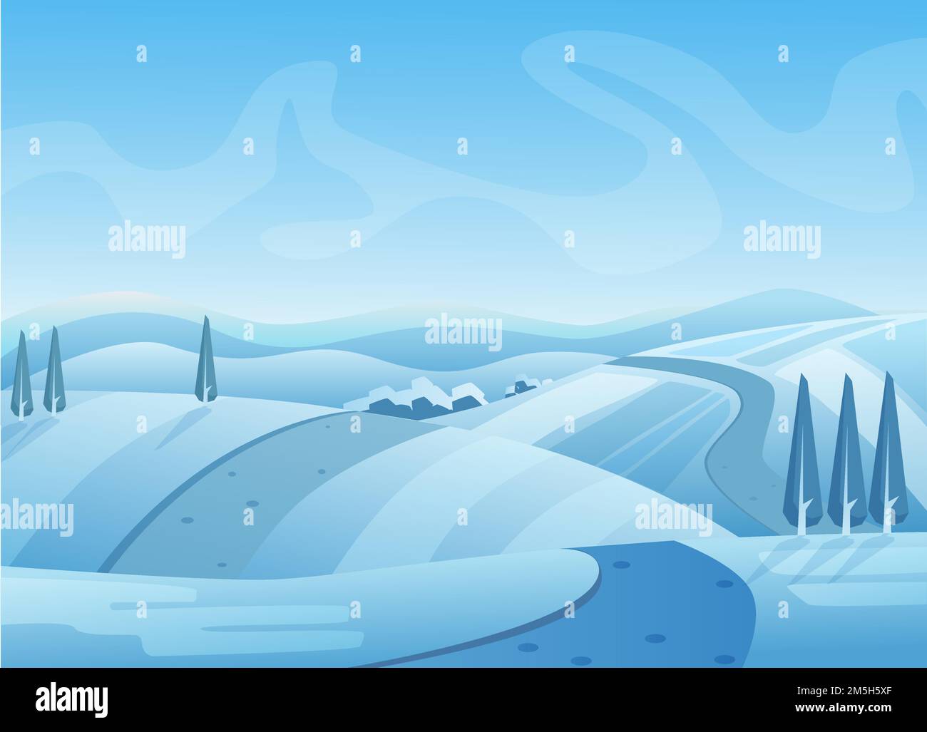 Illustrazione vettoriale del paesaggio invernale blu. Colline innevate con alberi. Strada sulla neve. Inverno, clima freddo. Area rurale sotto il cielo. Pittoresco stagionale Illustrazione Vettoriale