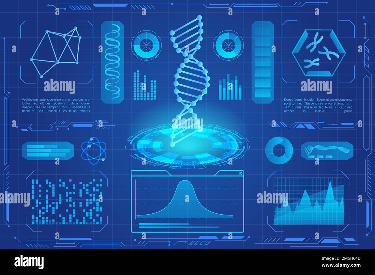 Ologramma al neon moderno del DNA, microbiologia, biotecnologia genetica, grafici dei dati del DNA, grafici Illustrazione Vettoriale