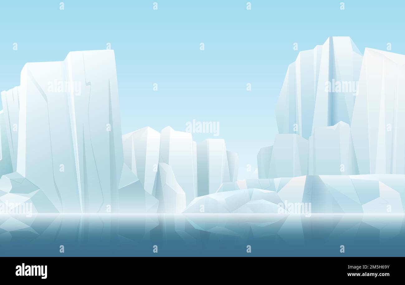 Cartoon colore morbido natura inverno artico nebbia ghiacciata paesaggio con ghiacciaia cristallo pulito neve montagne Illustrazione Vettoriale