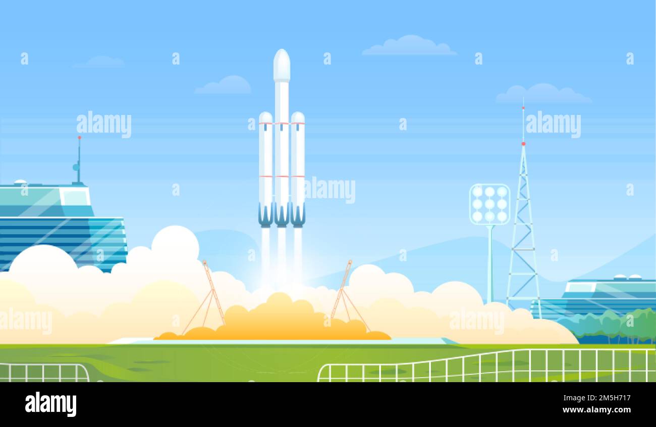 Lanciare l'illustrazione del vettore del razzo. Navetta per la ricerca cartoon flat, trasporto di razzi pesanti, stazione di astronave o veicolo spaziale che lancia sulla Terra Illustrazione Vettoriale