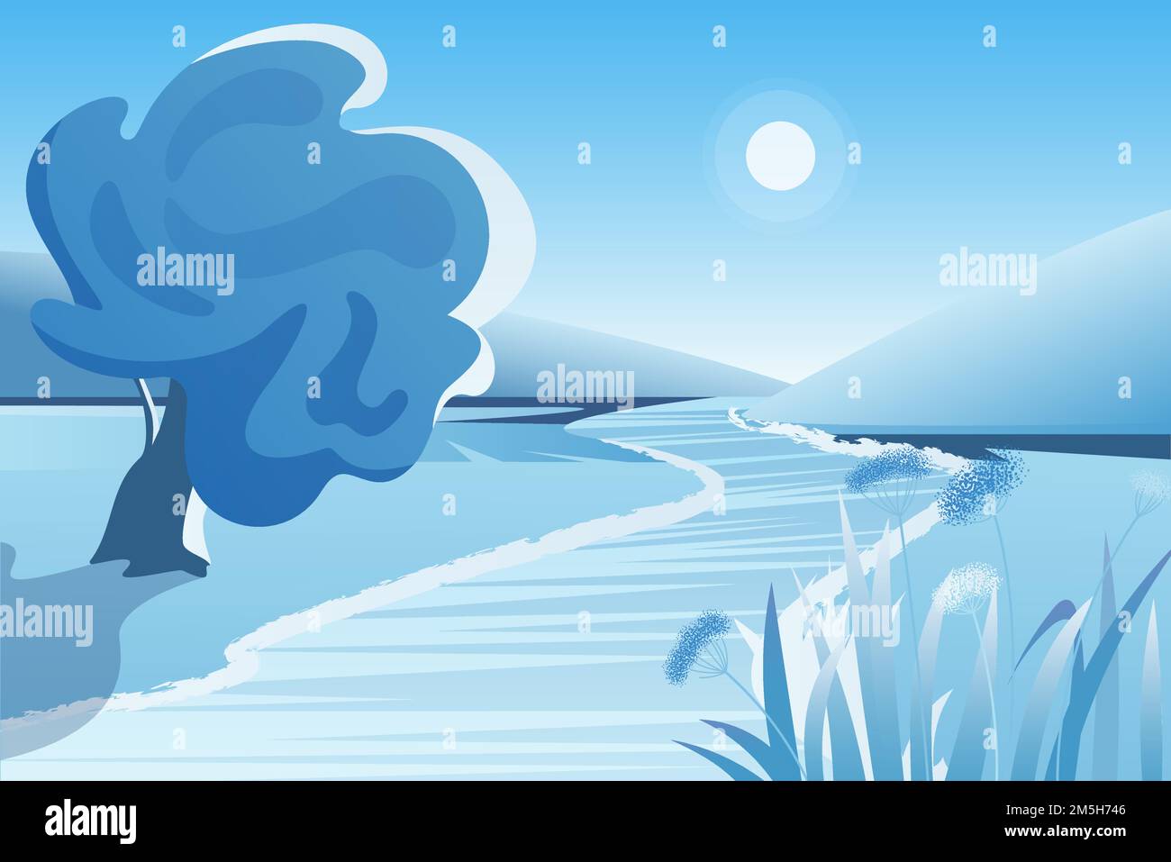 Inverno fiume paesaggio vettore illustrazione. Albero sul lungofiume nevoso. Vista sulla natura in inverno. Giorno congelato al sole. Tempo freddo. Sfondo blu stagionale Illustrazione Vettoriale