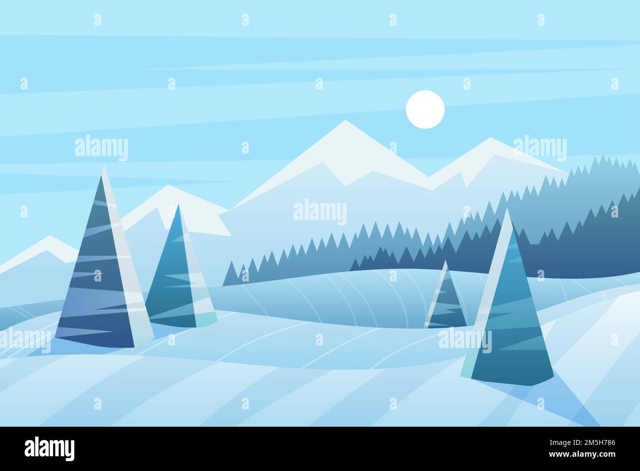 Illustrazione vettoriale della giornata invernale di sole. Vista panoramica con spruces e montagne. Natura in inverno. Foresta innevata. Tempo congelato. Sfondo stagionale. Illustrazione Vettoriale