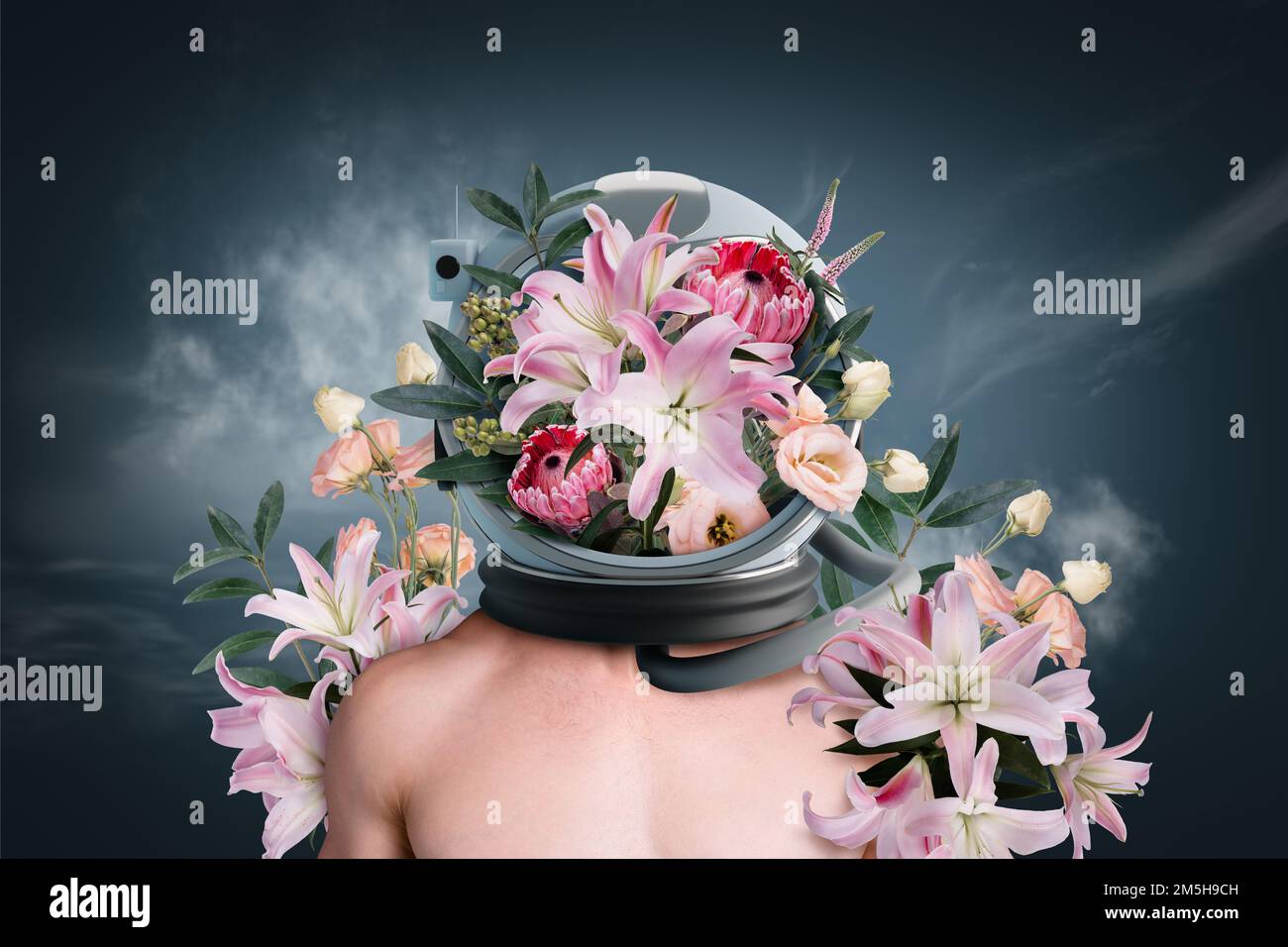 Collage creativo del manifesto dello striscione di giovane ragazzo bizzarro con l'apparecchiatura cosmica hanno profumo aromatico del fiore nuovo deodorante Foto Stock