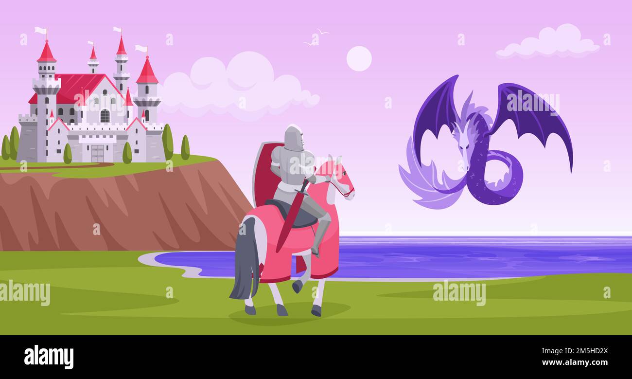 Cavaliere che lotta con l'illustrazione vettoriale del drago dell'acqua. Cartoon flat scena di battaglia fiabesca tra il coraggioso principe cavaliere in armatura e drago per salvare pri Illustrazione Vettoriale