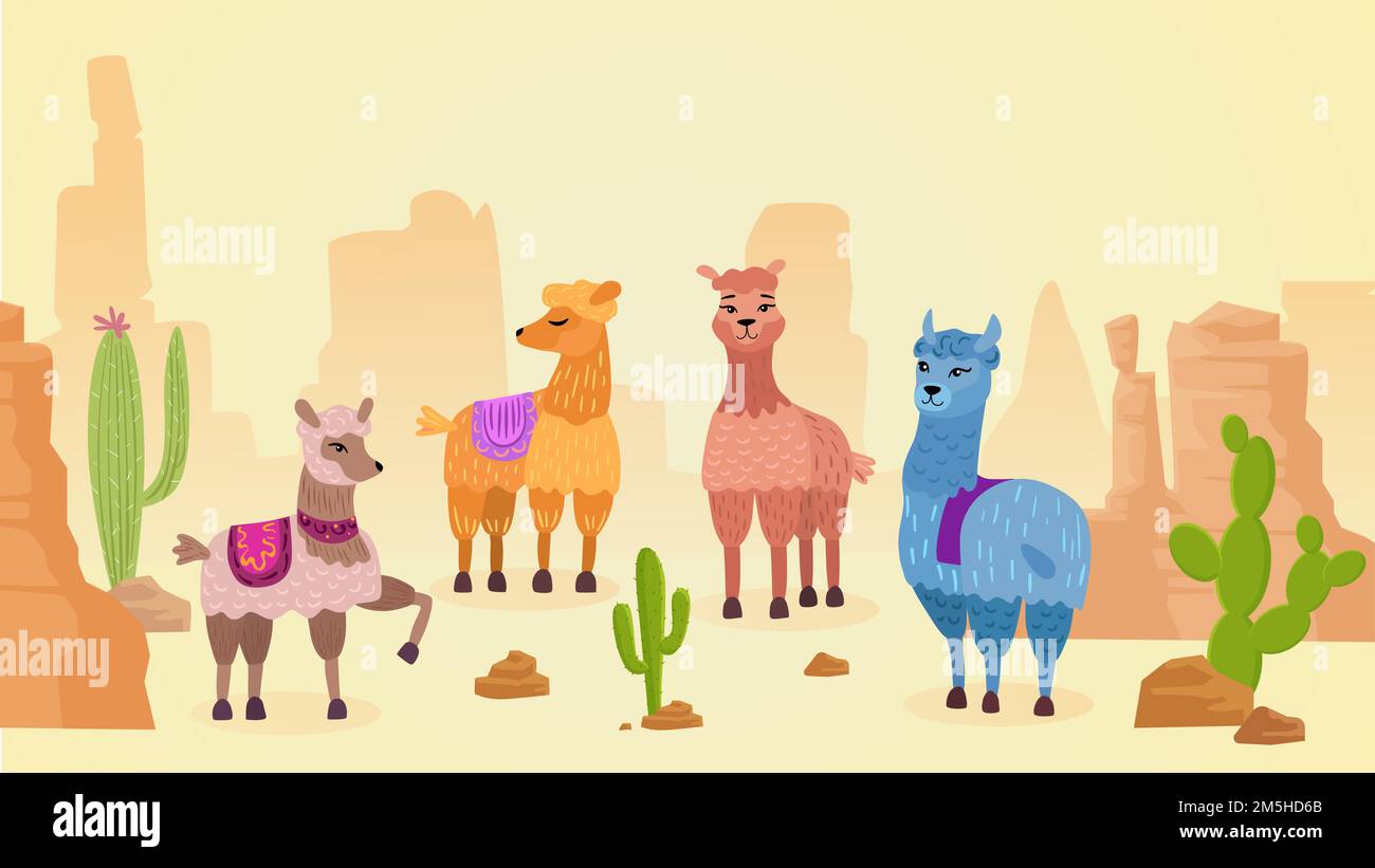Lovely lamas carattere disegnata a mano cartoon vettore illustrazione paesaggio. Diversi colori e umori animali carini con coperta luminosa nel deserto caldo nea Illustrazione Vettoriale