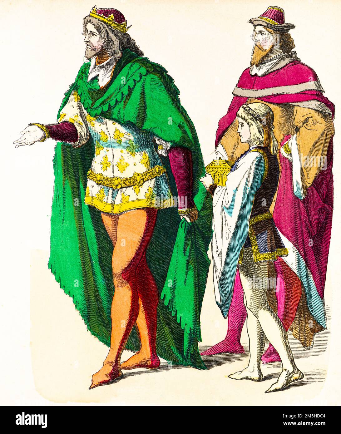 Costumi storici del 14th ° secolo, illustrazione storica, Münchener Bilderbogen, München 1890 Foto Stock