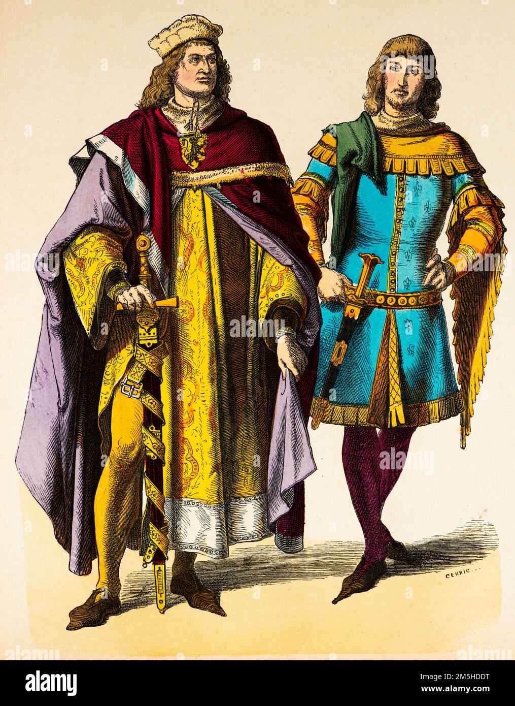 Costumi storici del 14th ° secolo, illustrazione storica, Münchener Bilderbogen, München 1890 Foto Stock