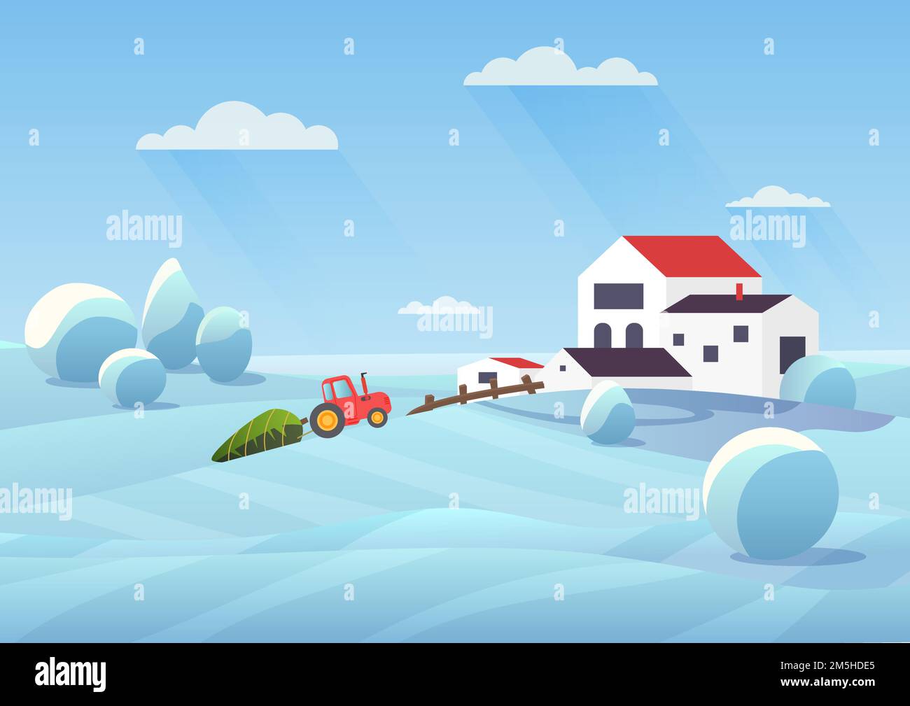 Paesaggio invernale nevoso, campagna casa campi di neve, trattore trasporto abete a casa cittadina Illustrazione Vettoriale