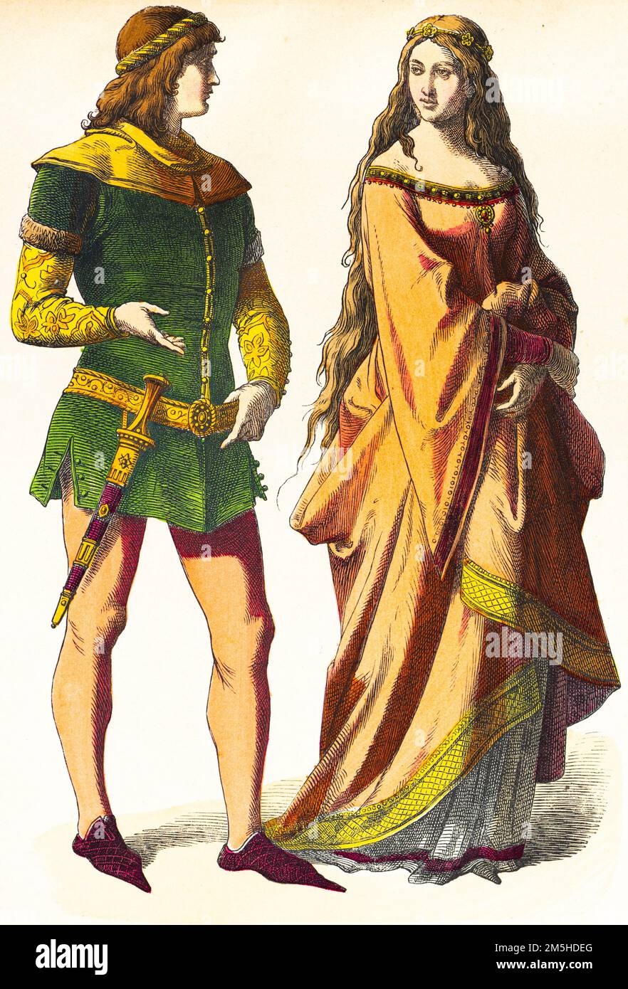 Costumi storici del 14th ° secolo, illustrazione storica, Münchener Bilderbogen, München 1890 Foto Stock