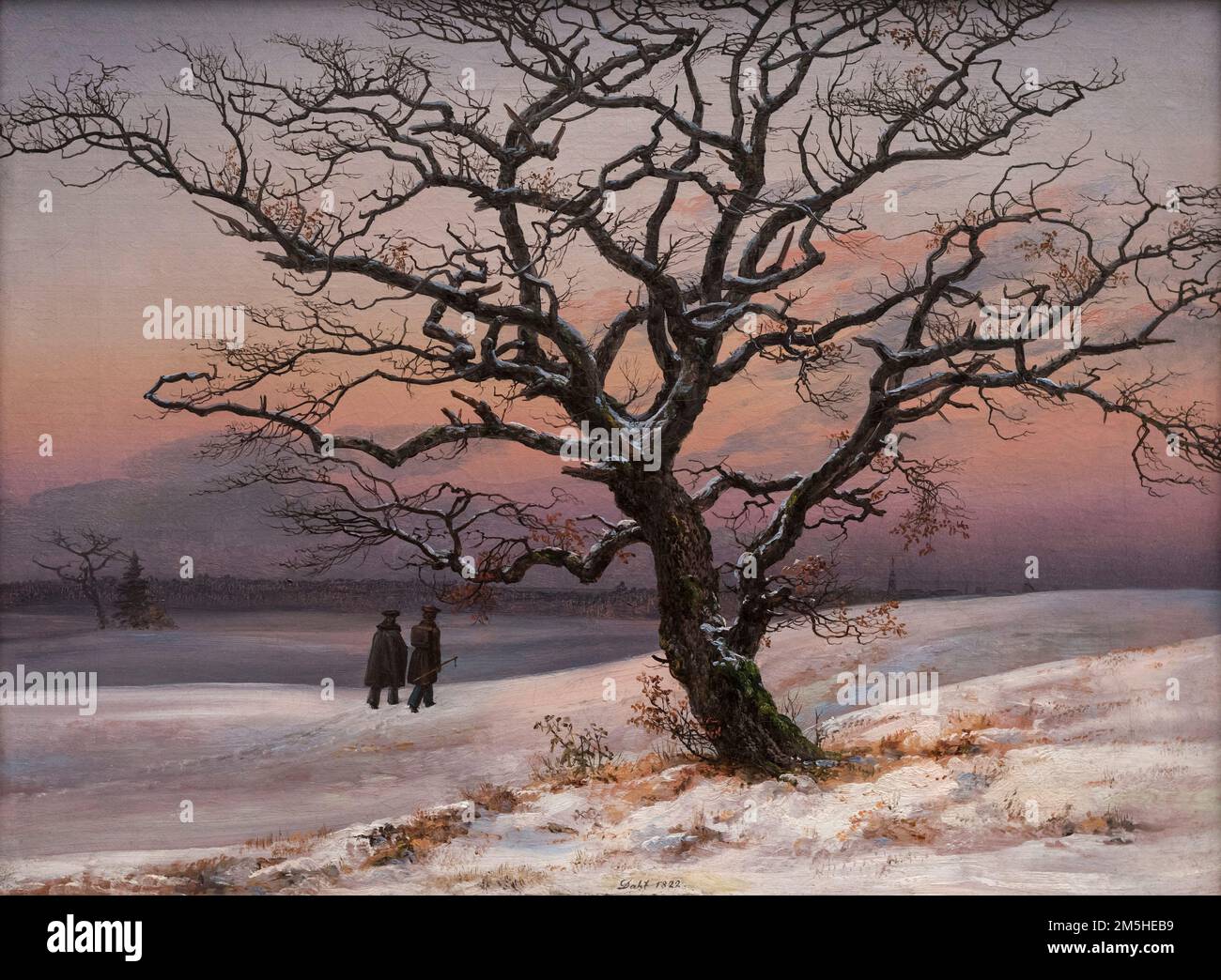 Johan Christian Dahl (1788-1857), Paesaggio invernale con albero e due Wanderers, 1822. Museum der bildenden Künste Leipzig. Olio su tela Foto Stock