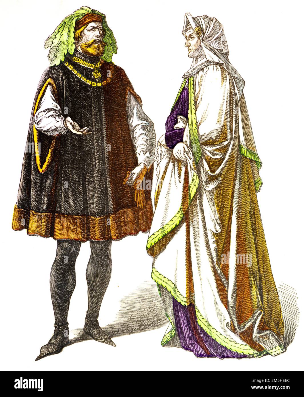 Costumi storici all'inizio del 15th ° secolo, illustrazione storica, Münchener Bilderbogen, München 1890 Foto Stock
