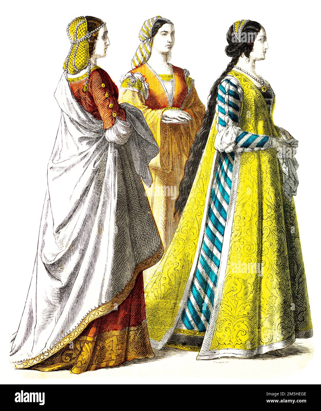 Costumi storici all'inizio del 15th ° secolo, illustrazione storica, Münchener Bilderbogen, München 1890 Foto Stock