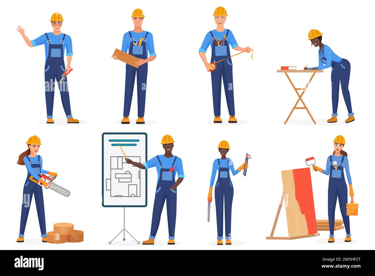 Costruttori in set di caratteri vettoriali uniformi. Lavoratori edili in tute blu e cappelli. Ingegneri cartoni animati, architetti, riparatori al lavoro. Illustrazione Vettoriale