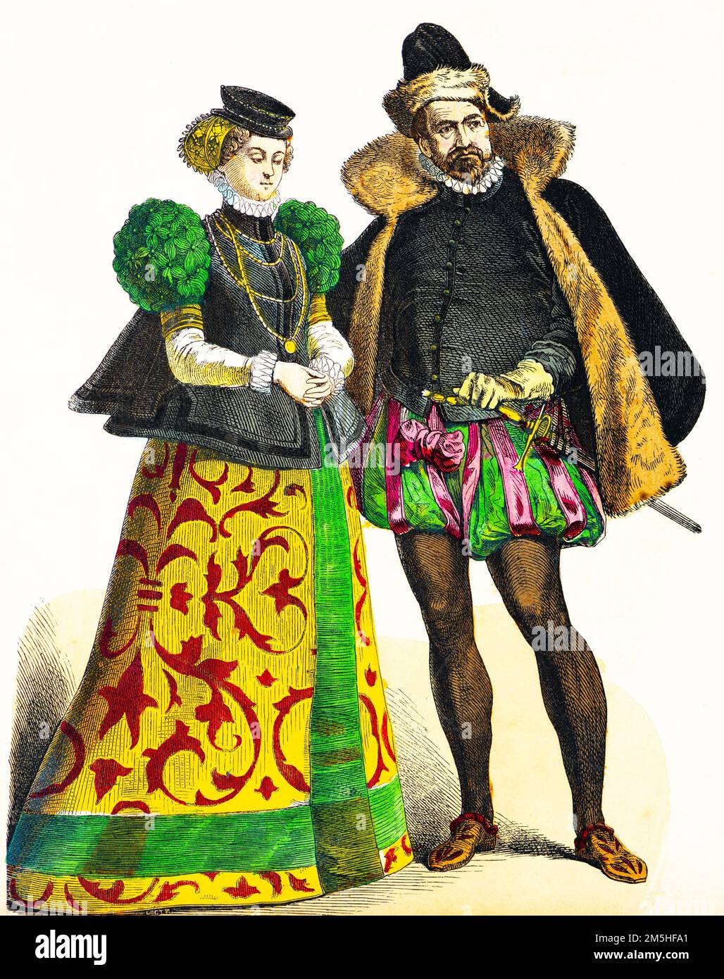Eleganti costumi di un nobile tedesco e nobildonna, fine del 16th ° secolo, illustrazione storica colorata, Münchener Bilderbogen 1890 Foto Stock