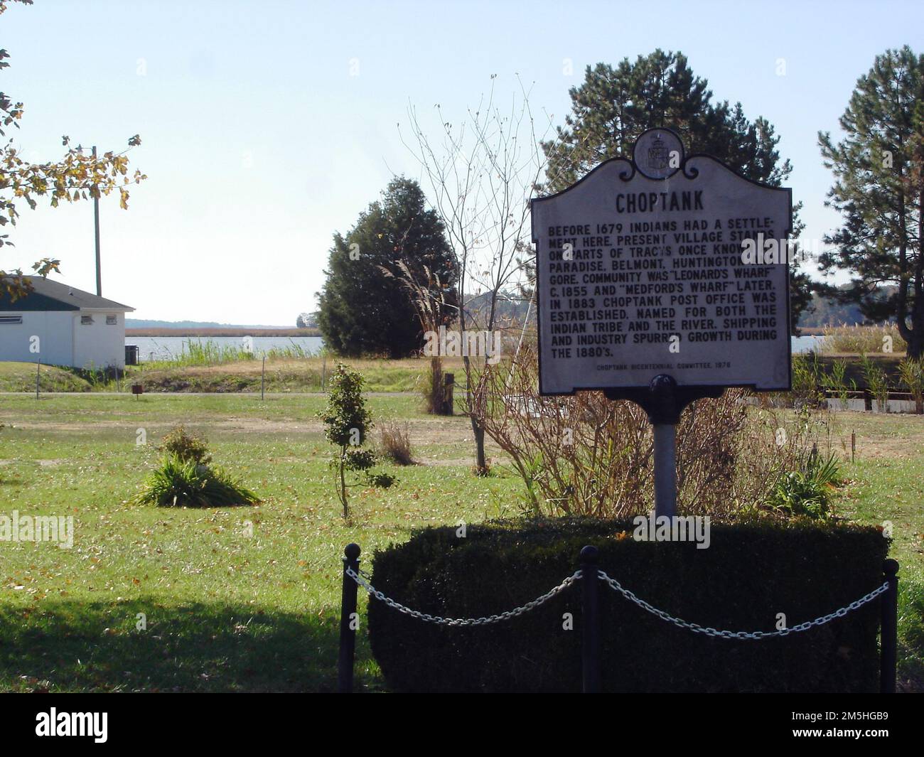 Harriet Tubman Underground Railroad Byway - Choptank Settlement Plaque. Un cartello illustra la storia dei nativi americani del piccolo parco giardino sul fiume Choptank. Maryland Foto Stock