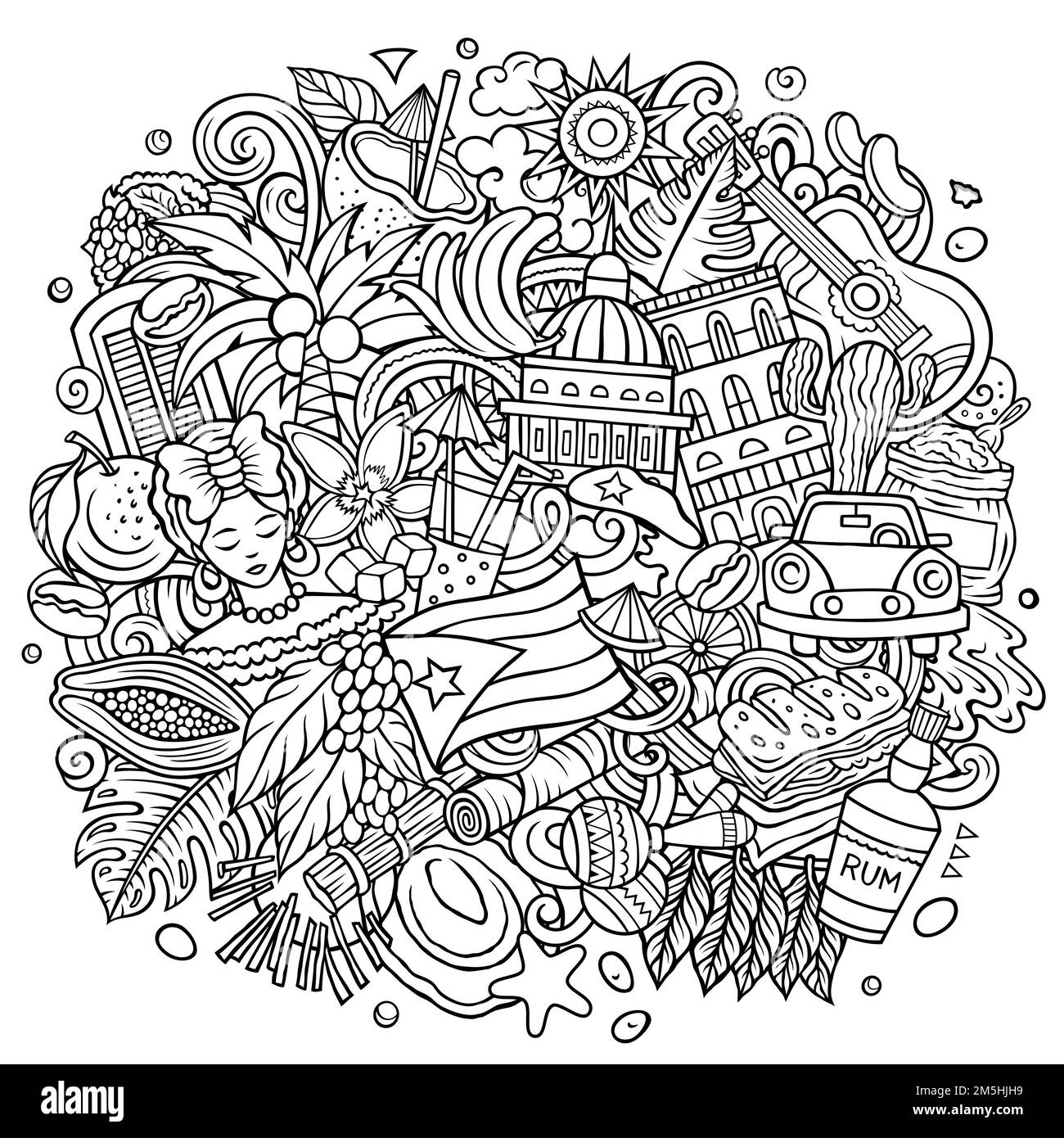 Cuba cartoon doodle illustrazione. Design cubano divertente. Illustrazione Vettoriale